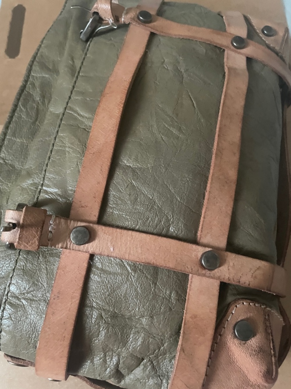 Free People Olive Green Messenger Bag with Tan Straps
